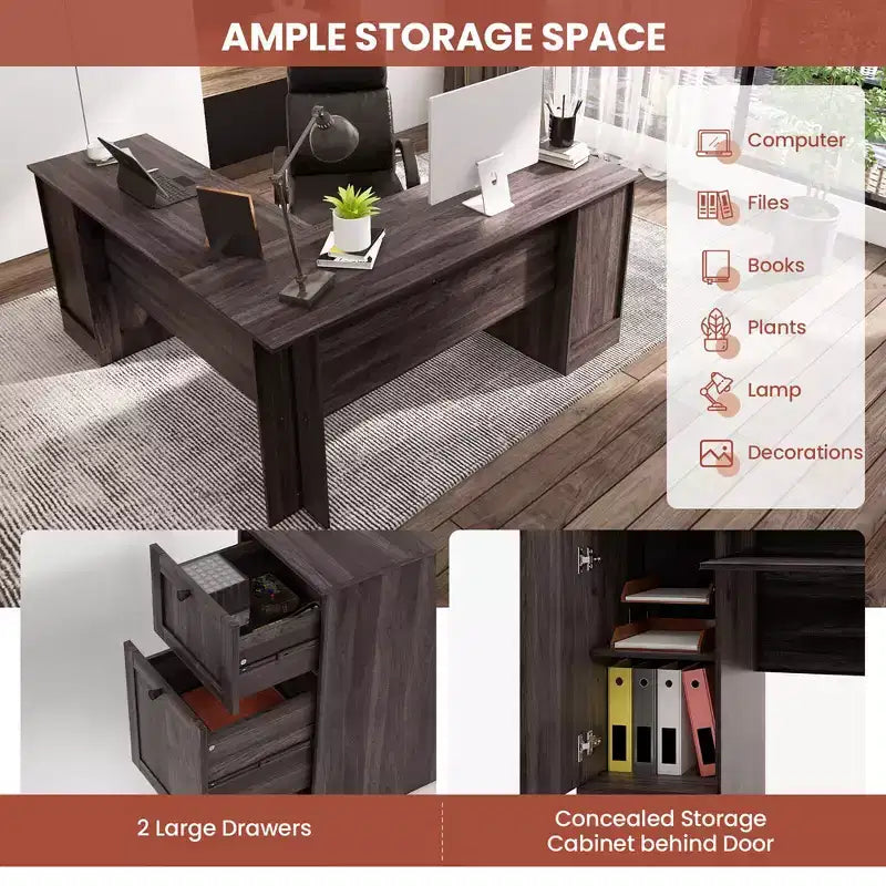 Costway 66.5'' L Shaped Home Office Desk Corner Computer Desk Keyboard Tray Dark