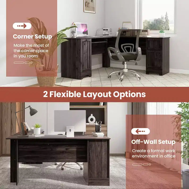 Costway 66.5'' L Shaped Home Office Desk Corner Computer Desk Keyboard Tray Dark