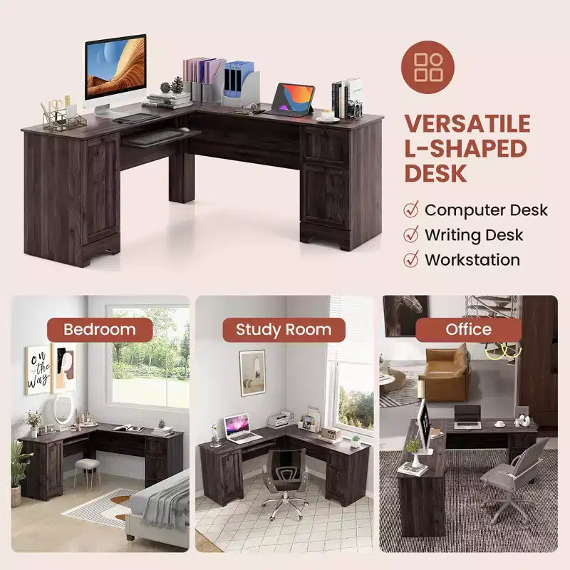 Costway 66.5'' L Shaped Home Office Desk Corner Computer Desk Keyboard Tray Dark