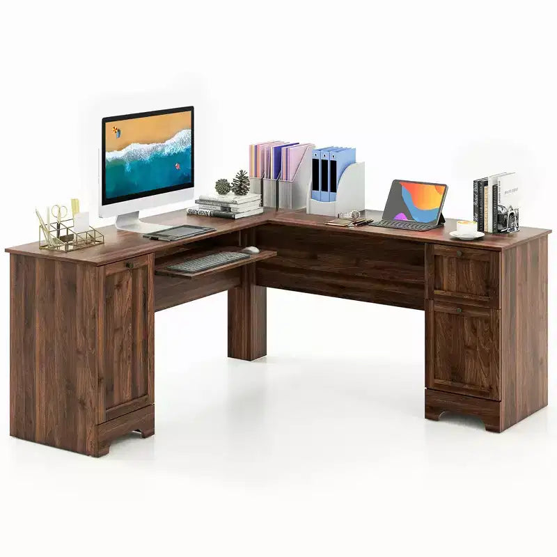 Costway 66.5'' L Shaped Home Office Desk Corner Computer Desk Keyboard Tray Dark