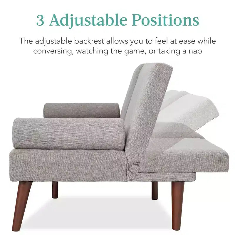 Best Choice Products Fabric Upholstered Convertible Futon w/ Rounded Armrests, Wooden Legs, 2 Cupholders