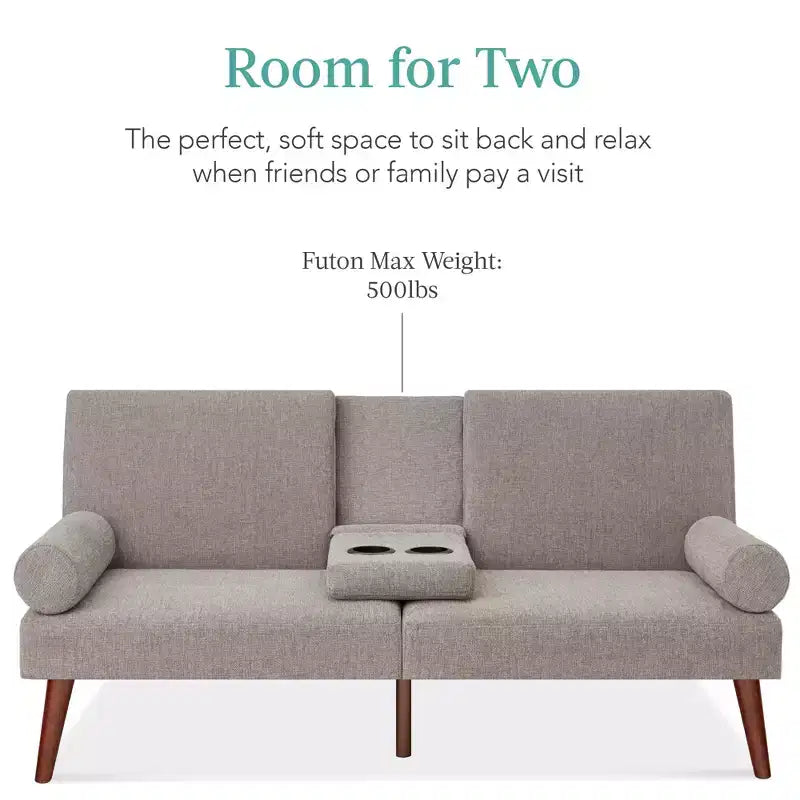 Best Choice Products Fabric Upholstered Convertible Futon w/ Rounded Armrests, Wooden Legs, 2 Cupholders