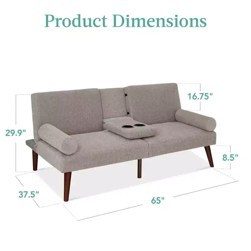Best Choice Products Fabric Upholstered Convertible Futon w/ Rounded Armrests, Wooden Legs, 2 Cupholders