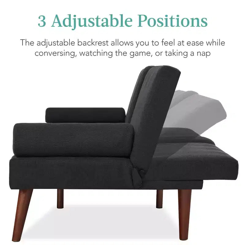 Best Choice Products Fabric Upholstered Convertible Futon w/ Rounded Armrests, Wooden Legs, 2 Cupholders