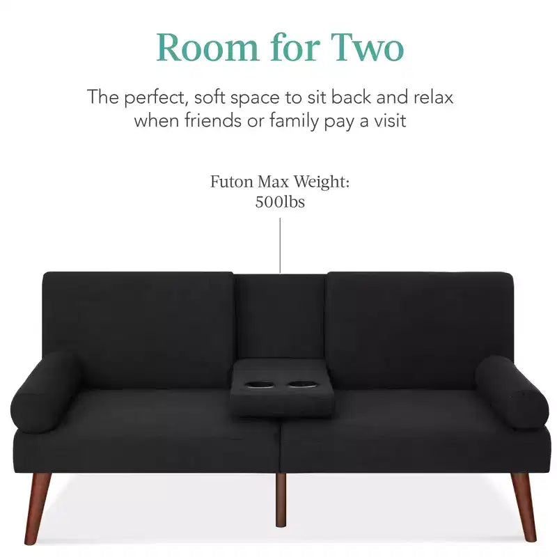Best Choice Products Fabric Upholstered Convertible Futon w/ Rounded Armrests, Wooden Legs, 2 Cupholders