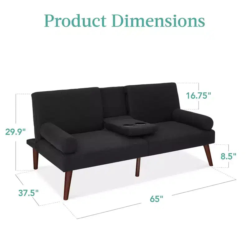 Best Choice Products Fabric Upholstered Convertible Futon w/ Rounded Armrests, Wooden Legs, 2 Cupholders