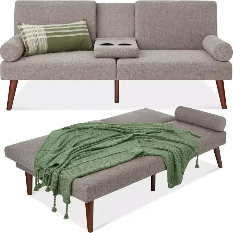 Best Choice Products Fabric Upholstered Convertible Futon w/ Rounded Armrests, Wooden Legs, 2 Cupholders