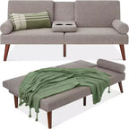 Best Choice Products Fabric Upholstered Convertible Futon w/ Rounded Armrests, Wooden Legs, 2 Cupholders