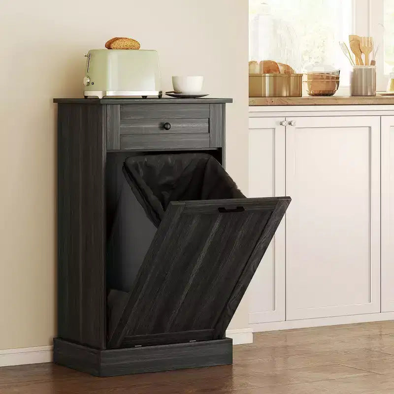 HOMCOM Kitchen Tilt Out Trash Bin Cabinet Free Standing Recycling Cabinet Trash Can Holder With Drawer