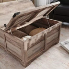 Emma and Oliver Farmhouse Coffee Table with Clamshell Style Hinged Table Top and Hidden Storage