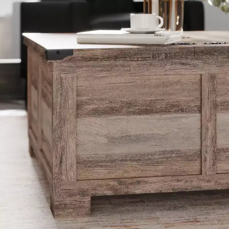 Emma and Oliver Farmhouse Coffee Table with Clamshell Style Hinged Table Top and Hidden Storage