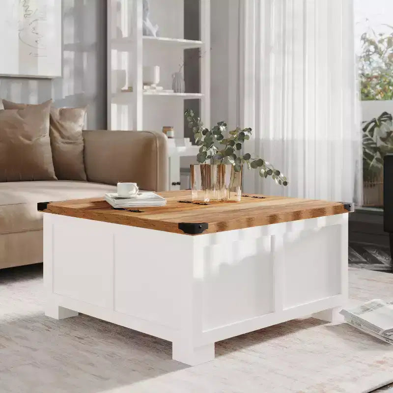 Emma and Oliver Farmhouse Coffee Table with Clamshell Style Hinged Table Top and Hidden Storage