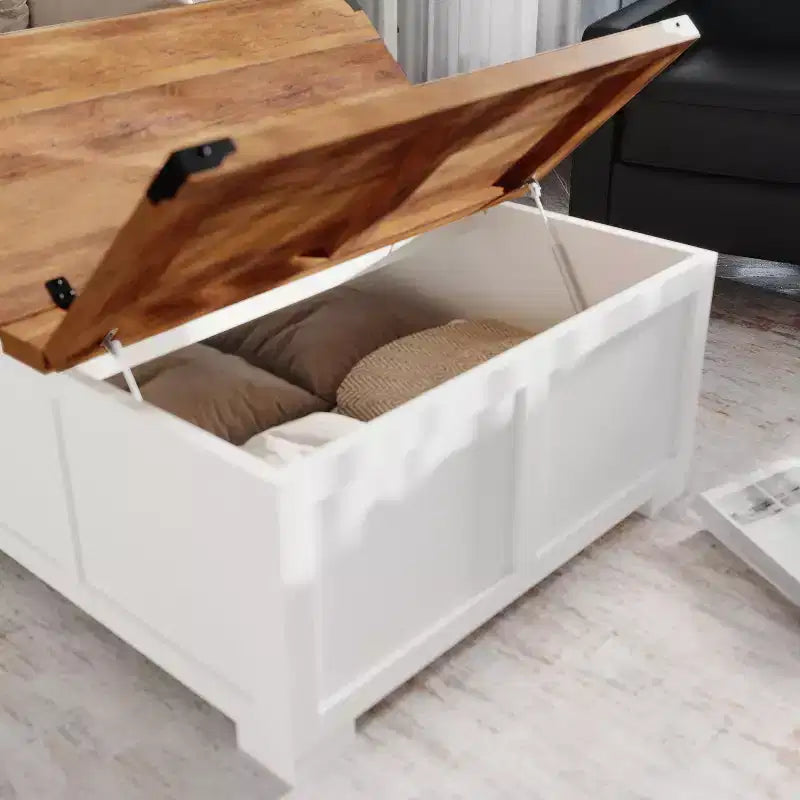 Emma and Oliver Farmhouse Coffee Table with Clamshell Style Hinged Table Top and Hidden Storage