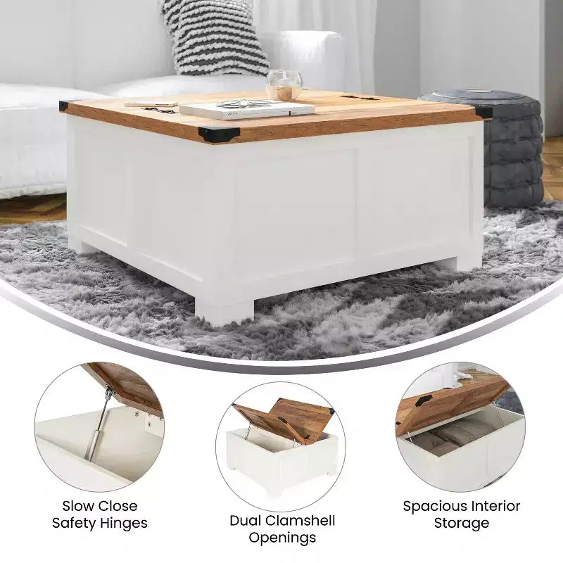 Emma and Oliver Farmhouse Coffee Table with Clamshell Style Hinged Table Top and Hidden Storage