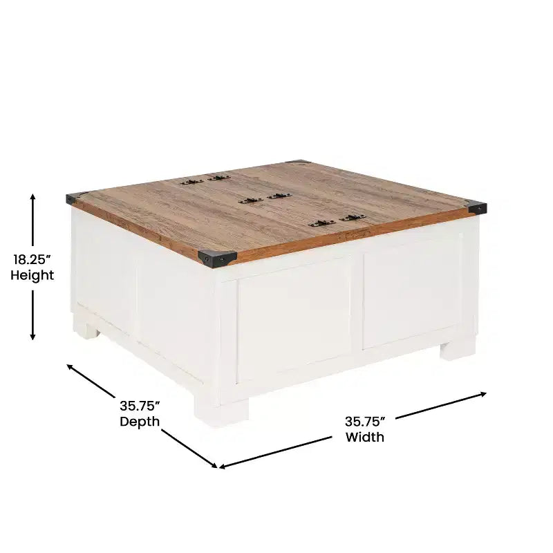 Emma and Oliver Farmhouse Coffee Table with Clamshell Style Hinged Table Top and Hidden Storage