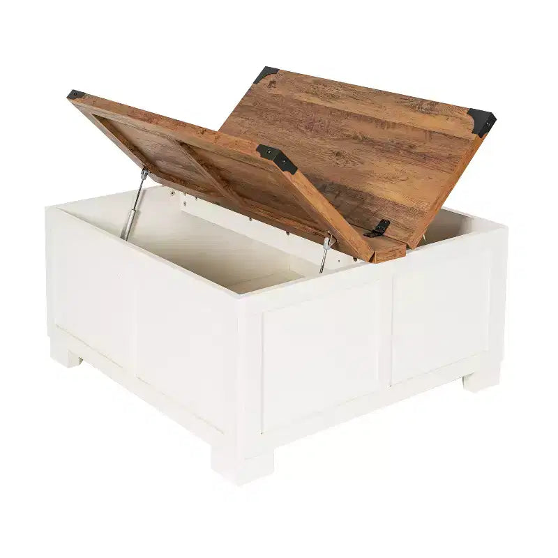 Emma and Oliver Farmhouse Coffee Table with Clamshell Style Hinged Table Top and Hidden Storage