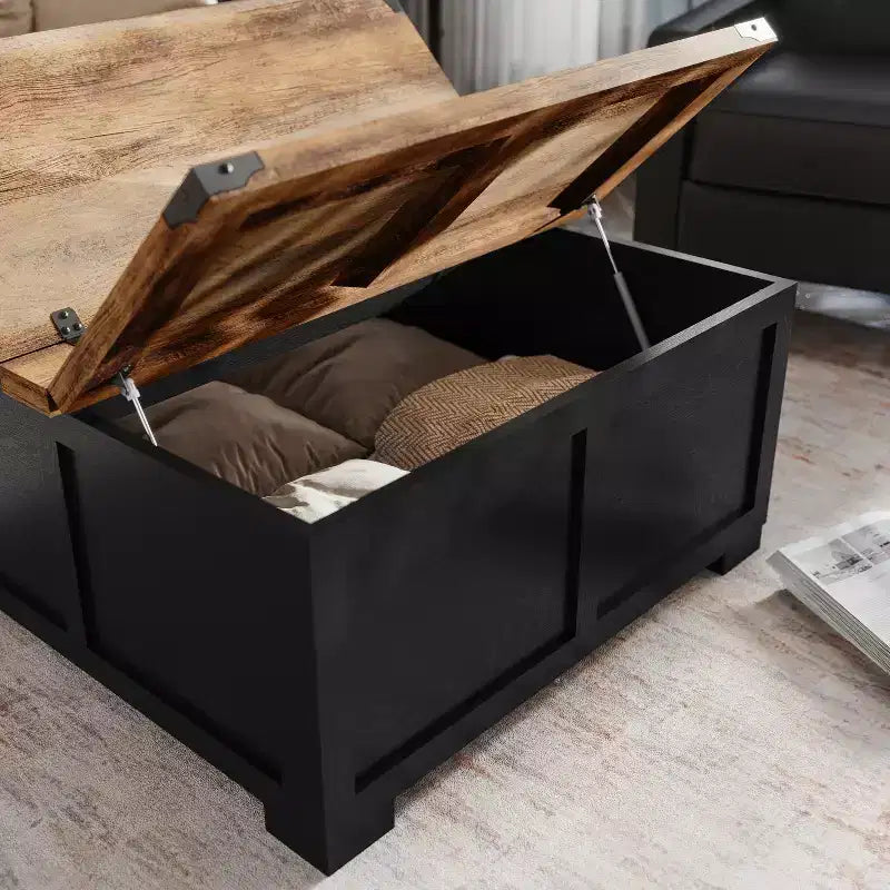 Emma and Oliver Farmhouse Coffee Table with Clamshell Style Hinged Table Top and Hidden Storage