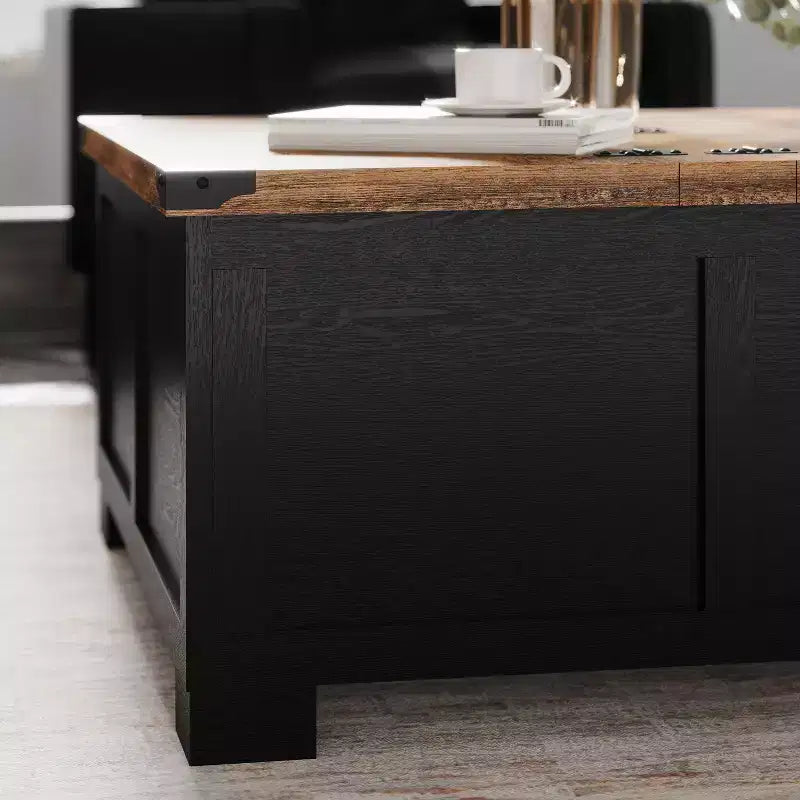 Emma and Oliver Farmhouse Coffee Table with Clamshell Style Hinged Table Top and Hidden Storage