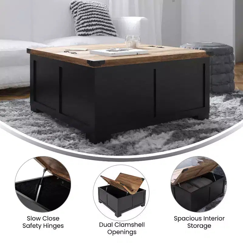 Emma and Oliver Farmhouse Coffee Table with Clamshell Style Hinged Table Top and Hidden Storage