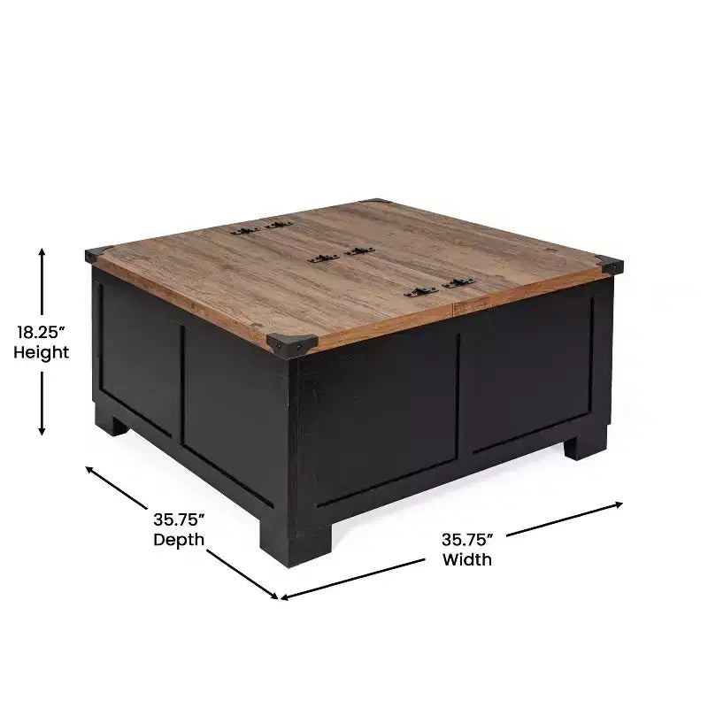 Emma and Oliver Farmhouse Coffee Table with Clamshell Style Hinged Table Top and Hidden Storage