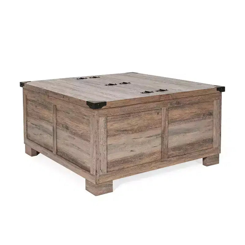 Emma and Oliver Farmhouse Coffee Table with Clamshell Style Hinged Table Top and Hidden Storage