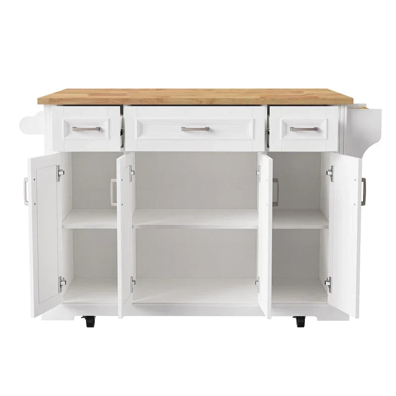 Grande isola da cucina con ribalta in legno, carrello da cucina arrotolabile con texture in rilievo, ante e cassetti con contenitore per cucina, bianco