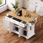54 - Grande isola cucina con anta a ribalta in legno di gomma, carrello da cucina scorrevole con texture in rilievo su 4 ruote con 4 ante e 3 cassetti