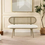 Havana 42 Cane Rattan Upholstered Bench Settee, Ivory White Boucle