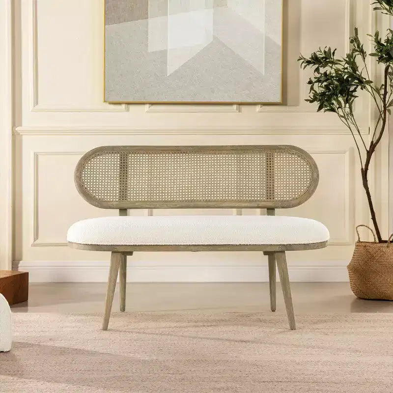Havana 42 Cane Rattan Upholstered Bench Settee, Ivory White Boucle