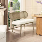 Havana 42 Cane Rattan Upholstered Bench Settee, Ivory White Boucle
