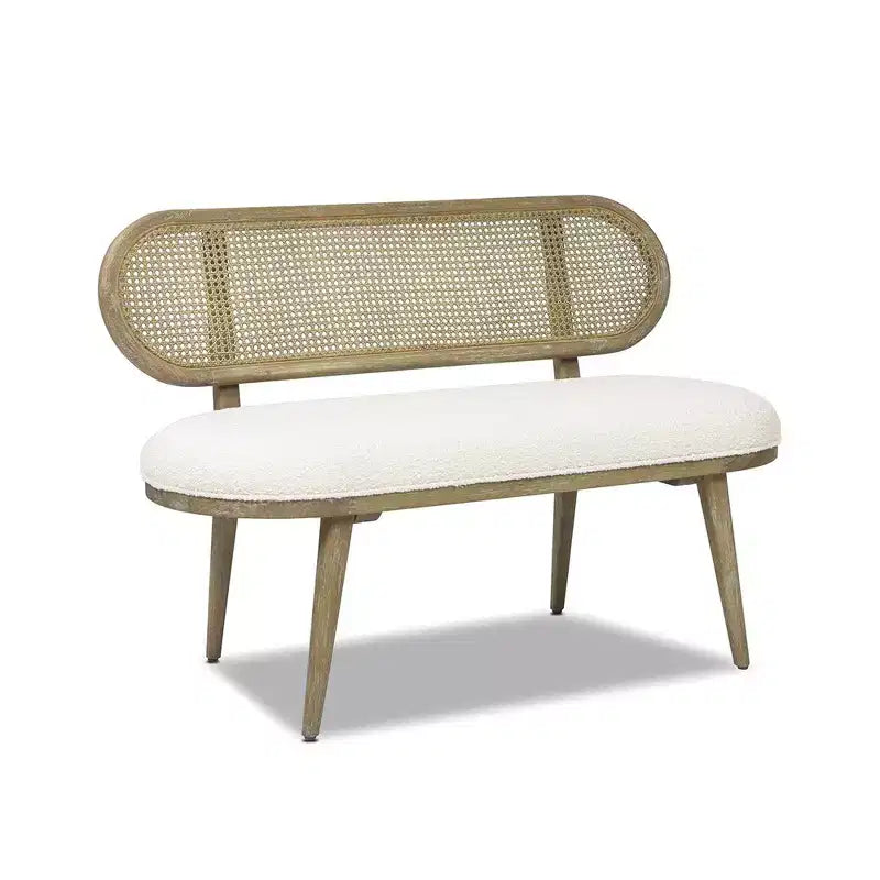 Havana 42 Cane Rattan Upholstered Bench Settee, Ivory White Boucle