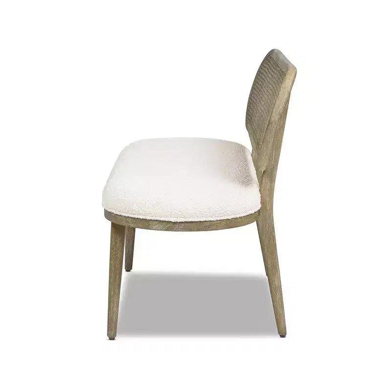 Havana 42 Cane Rattan Upholstered Bench Settee, Ivory White Boucle