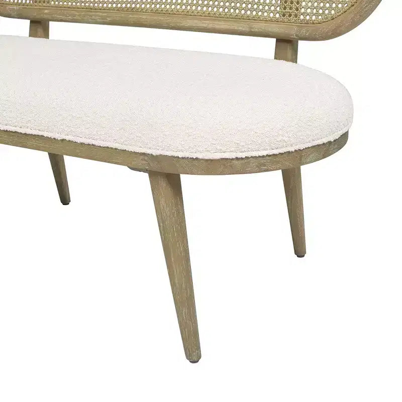 Havana 42 Cane Rattan Upholstered Bench Settee, Ivory White Boucle