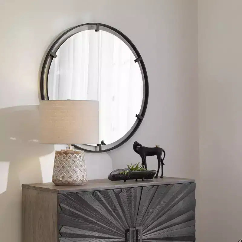 Uttermost Round Vanity Decorative Accent Wall Mirror Modern Satin Black Iron Frame 34 Wide for Bathroom Bedroom Living Room Home