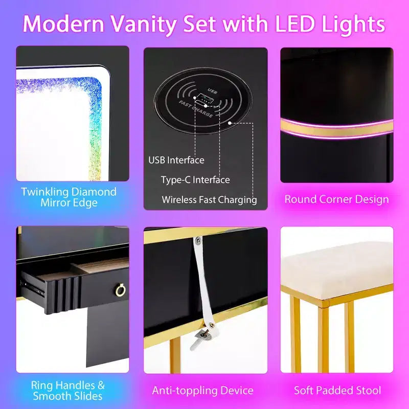 Costway Vanity Table Set with RGB LED Lights Crystal Crush Diamond Mirror Drawers Black/White