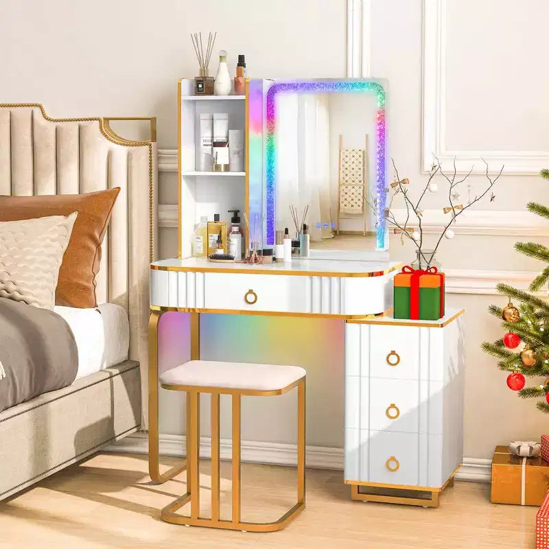 Costway Vanity Table Set with RGB LED Lights Crystal Crush Diamond Mirror Drawers Black/White