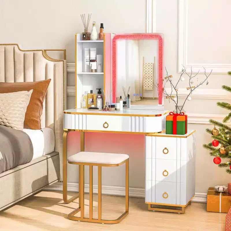 Costway Vanity Table Set with RGB LED Lights Crystal Crush Diamond Mirror Drawers Black/White