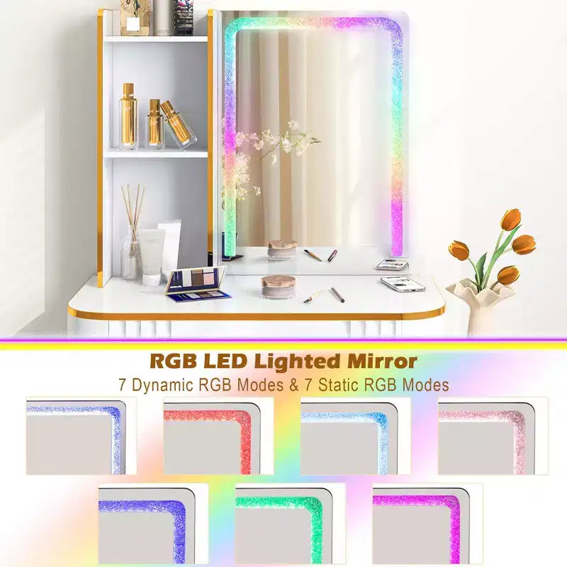 Costway Vanity Table Set with RGB LED Lights Crystal Crush Diamond Mirror Drawers Black/White