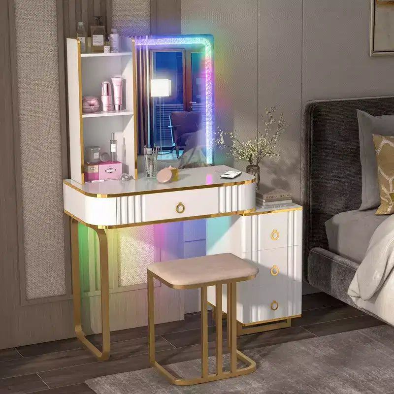 Costway Vanity Table Set with RGB LED Lights Crystal Crush Diamond Mirror Drawers Black/White