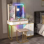 Costway Vanity Table Set with RGB LED Lights Crystal Crush Diamond Mirror Drawers Black/White
