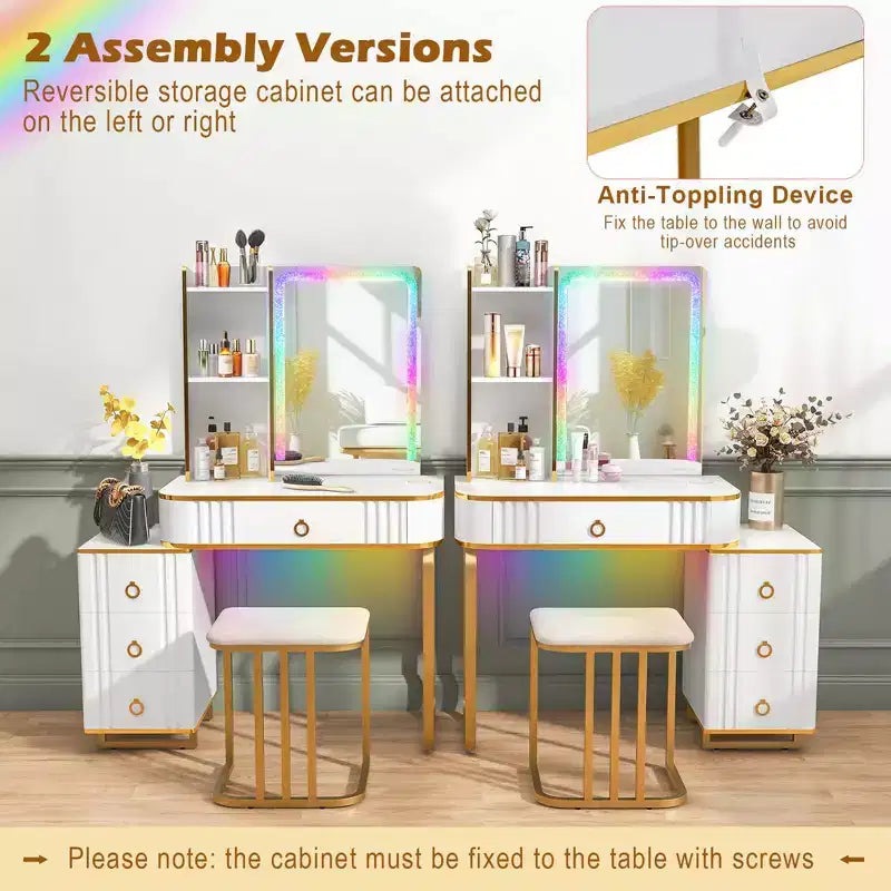 Costway Vanity Table Set with RGB LED Lights Crystal Crush Diamond Mirror Drawers Black/White