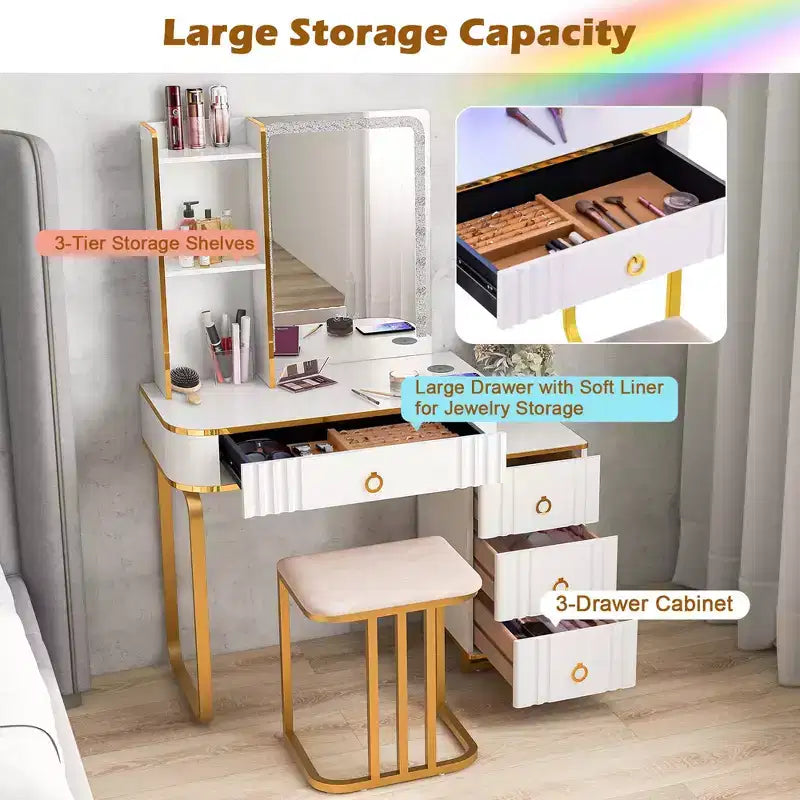 Costway Vanity Table Set with RGB LED Lights Crystal Crush Diamond Mirror Drawers Black/White