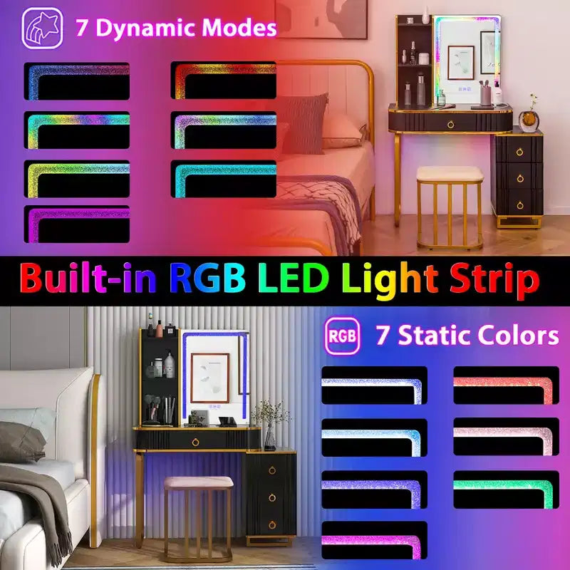 Costway Vanity Table Set with RGB LED Lights Crystal Crush Diamond Mirror Drawers Black/White