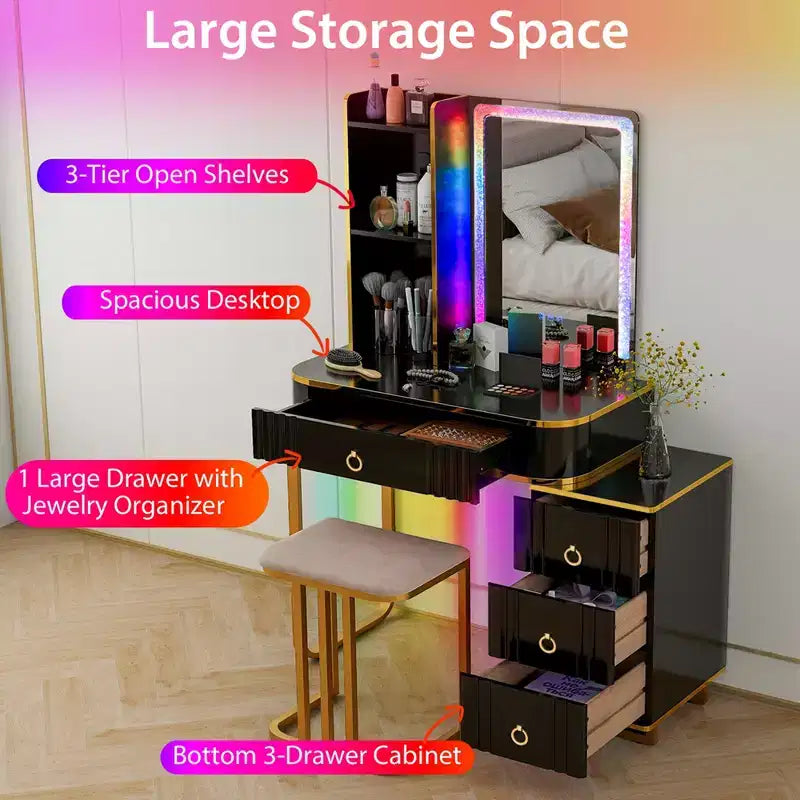 Costway Vanity Table Set with RGB LED Lights Crystal Crush Diamond Mirror Drawers Black/White