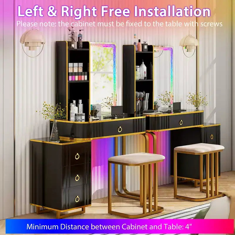 Costway Vanity Table Set with RGB LED Lights Crystal Crush Diamond Mirror Drawers Black/White