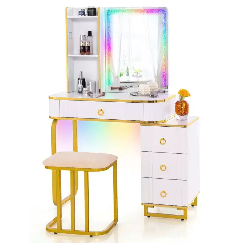 Costway Vanity Table Set with RGB LED Lights Crystal Crush Diamond Mirror Drawers Black/White