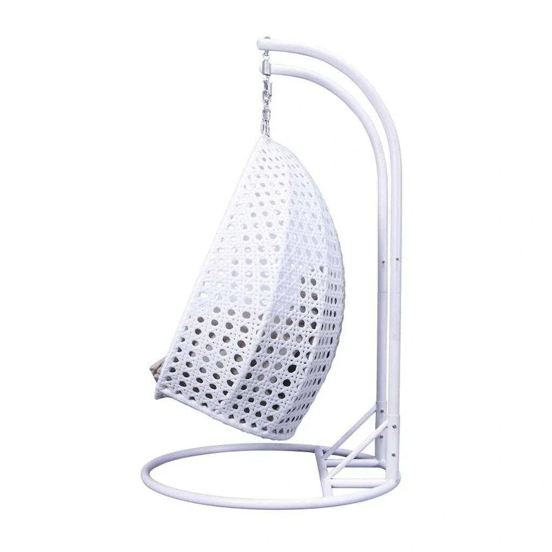Egg-Shaped Hanging Swing Chair with Metal Stand, Wicker Frame & Cushion ¨C Beige / Charcoal Blue / White / Blue / Antique White / Brown / Canvas, Seats 2