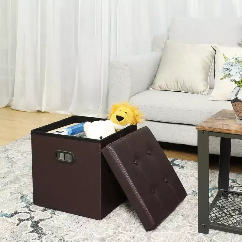 SONGMICS 15 Inches Folding Storage Ottoman, Cube Footrest, Coffee Table with Hole Handles, Faux Leather