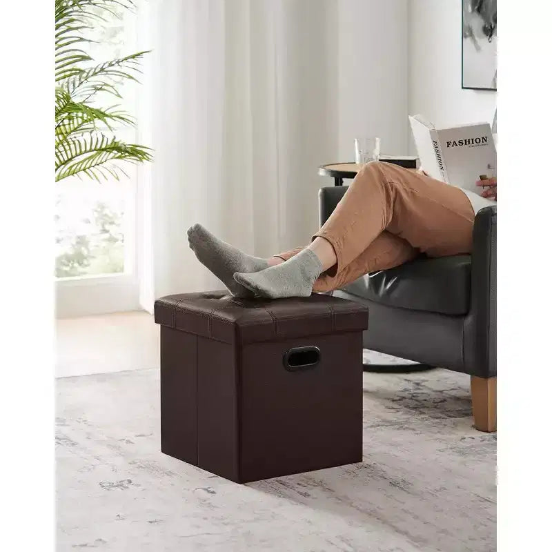 SONGMICS 15 Inches Folding Storage Ottoman, Cube Footrest, Coffee Table with Hole Handles, Faux Leather