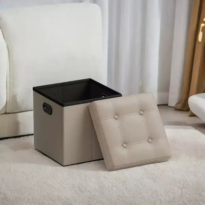 SONGMICS 15 Inches Folding Storage Ottoman, Cube Footrest, Coffee Table with Hole Handles, Faux Leather